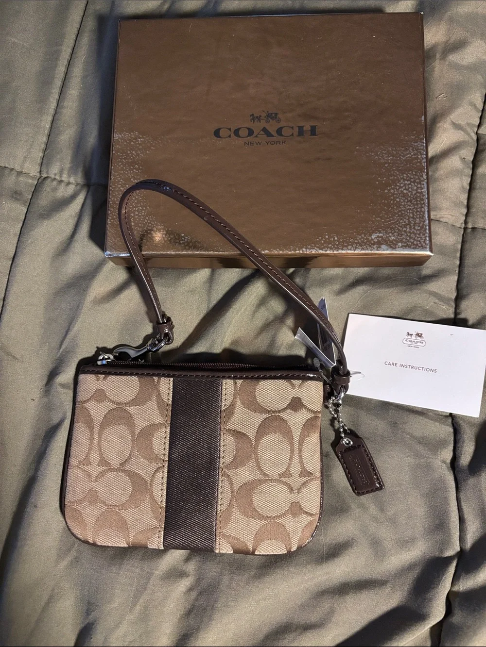 Coach Tan/Brown Signature Canvas Wristlet with Leather Strap